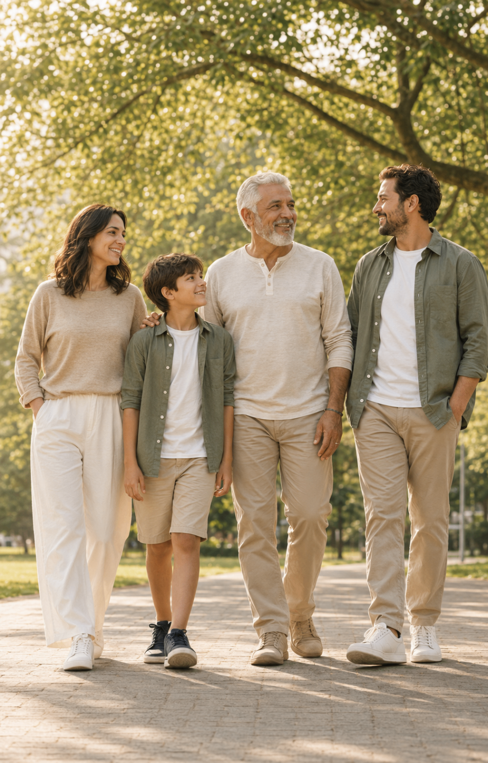 Família de diferentes gerações caminhando ao ar livre em um parque ensolarado